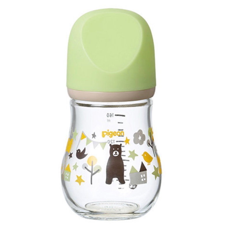 全新/Pigeon貝親 設計款寬口母感玻璃奶瓶160ml（熊/綠）