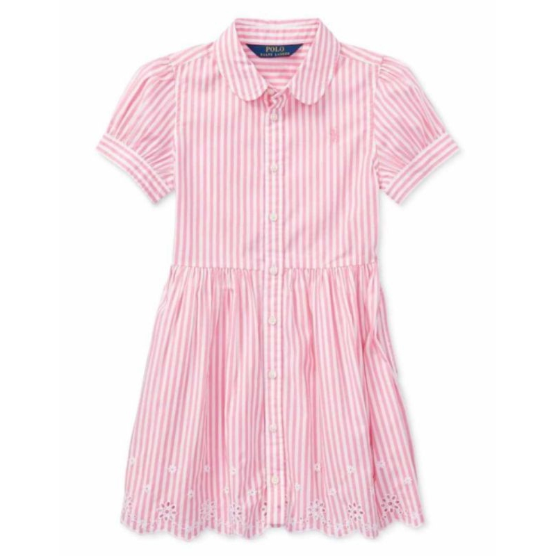 Ralph Lauren粉紅條紋雕花裙擺洋裝
