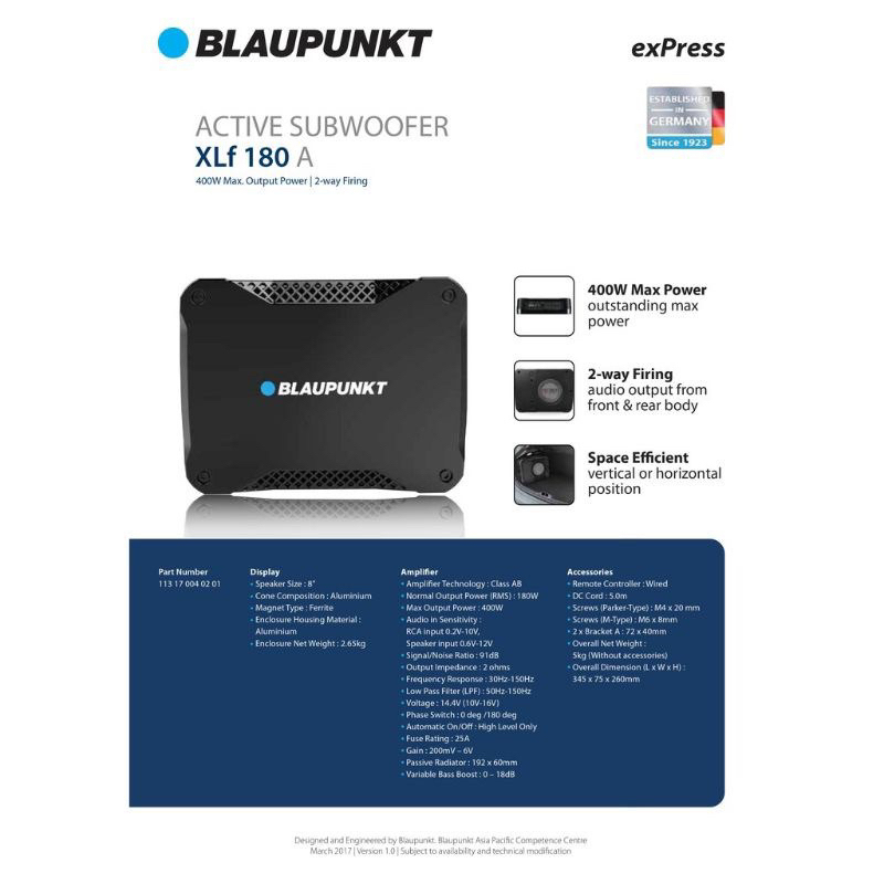 BLAUPUNKT 德國藍點薄型重低音XLF/A180/超薄型/450W/原廠主機可直接安裝/低音炮/雙向 音響