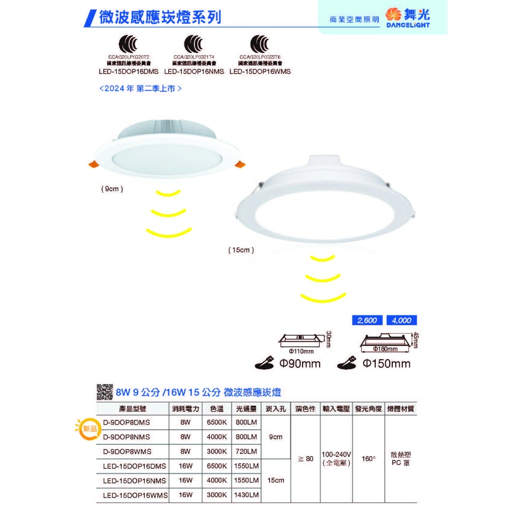 24H出貨 舞光 LED 8W&amp;16W 微波感應崁燈(全天感應-亮燈一分鐘)崁入孔9公分&amp;15公分