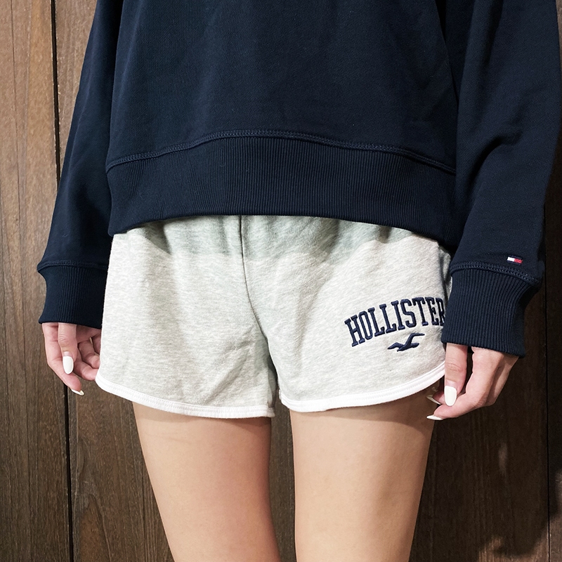 美國百分百【全新真品】Hollister Co. 短褲 棉質 綁繩 女款 HCO 海鷗 logo 短棉褲 灰色 CE16