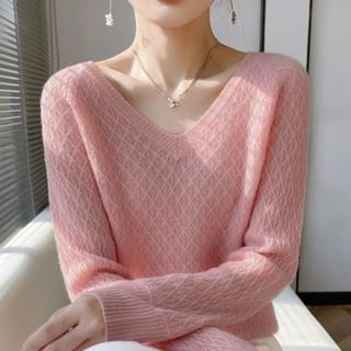 衣時尚 針織衫 上衣 毛線衣 外套 新款V領菱形扭花純羊絨衫女鏤空鉤花長袖毛衣寬鬆羊毛針織打底衫GB403-90895.