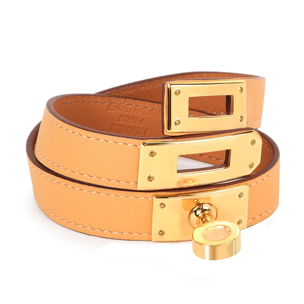 HERMES Kelly Double Tour金色轉釦Epsom牛皮二圈手環(淺橘/金)370008-3
