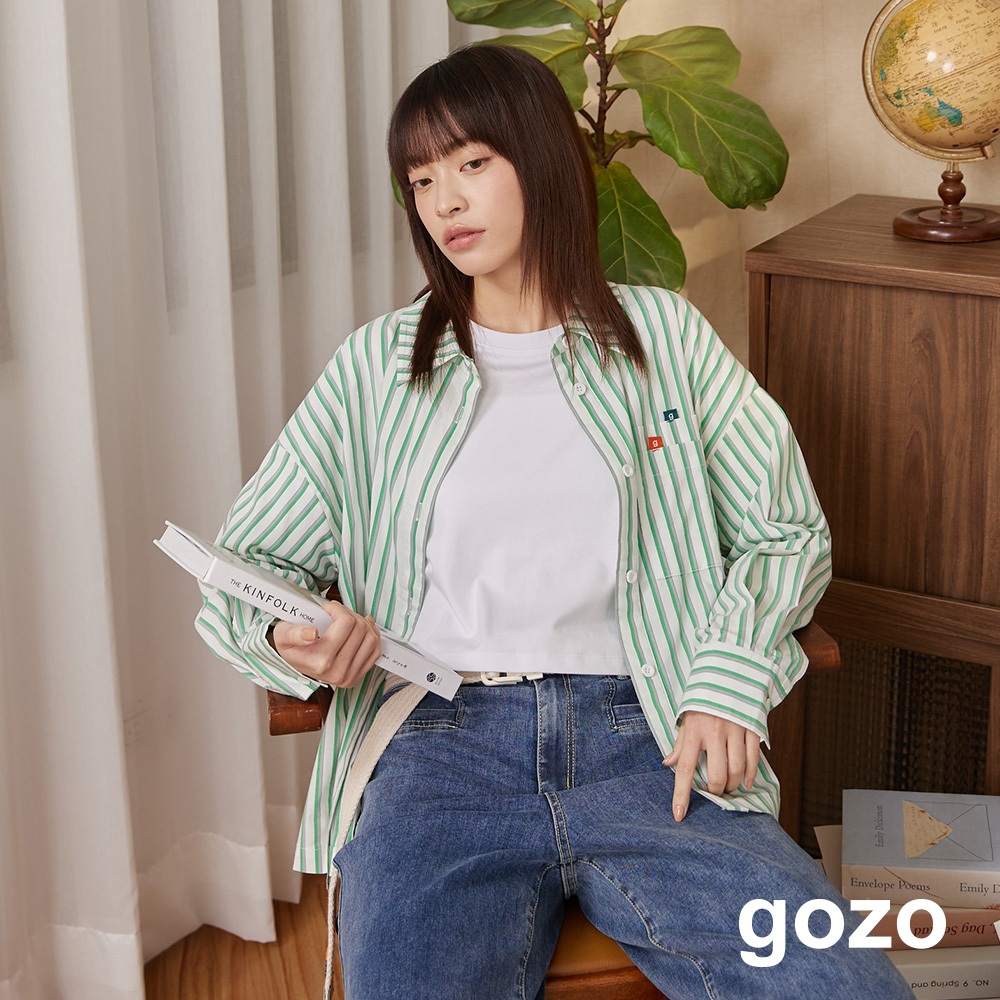 【gozo】g書籤前短後長條紋襯衫(粉色/綠色_F) | 女裝 襯衫領 休閒