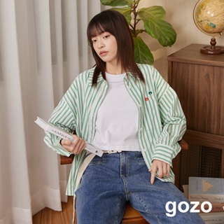 【gozo】g書籤前短後長條紋襯衫(粉色/綠色_F) | 女裝 襯衫領 休閒