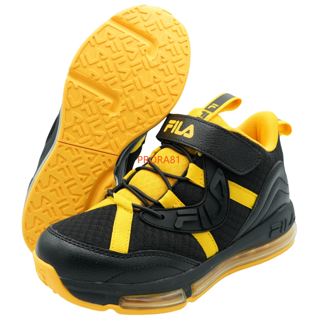 FILA B409Y-009 黑X黃 高筒單黏帶大氣墊籃球鞋(童鞋，兩款配色)【康特杯，足弓支撐鞋墊】300F