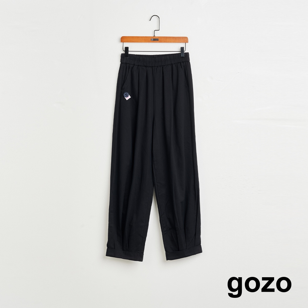 【gozo】➤小鈕扣褲口抓褶反折鬆緊長褲(黑色/咖啡_F) |  女裝 顯瘦 休閒 寬褲 日系復古