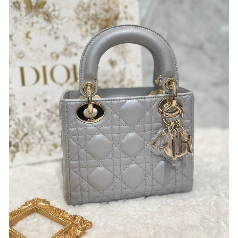 ✈️法國代購✈️全新真品 Dior MINI LADY 蛋白石 灰色 珠光 藤格紋 金鏈 迷你款 黛妃包 手提包