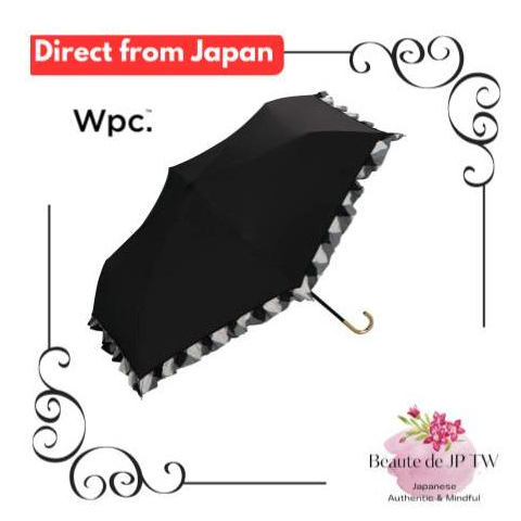 【日本直送】 Wpc. 遮陽遮光偏置格紋荷葉邊迷你黑色摺疊傘 50 釐米女式陽光雨天遮陽遮光 UV Cut 100% 金