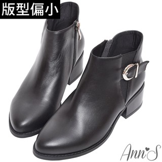 Ann’S波琳-真皮小羊皮切爾西圓釦帶粗跟短靴5cm-黑(版型偏小)