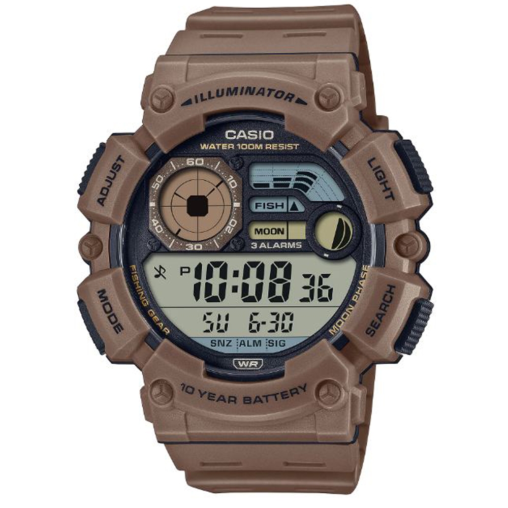 【CASIO】卡西歐 10年電力月相多功能數位休閒錶-卡其色 WS-1500H-5A