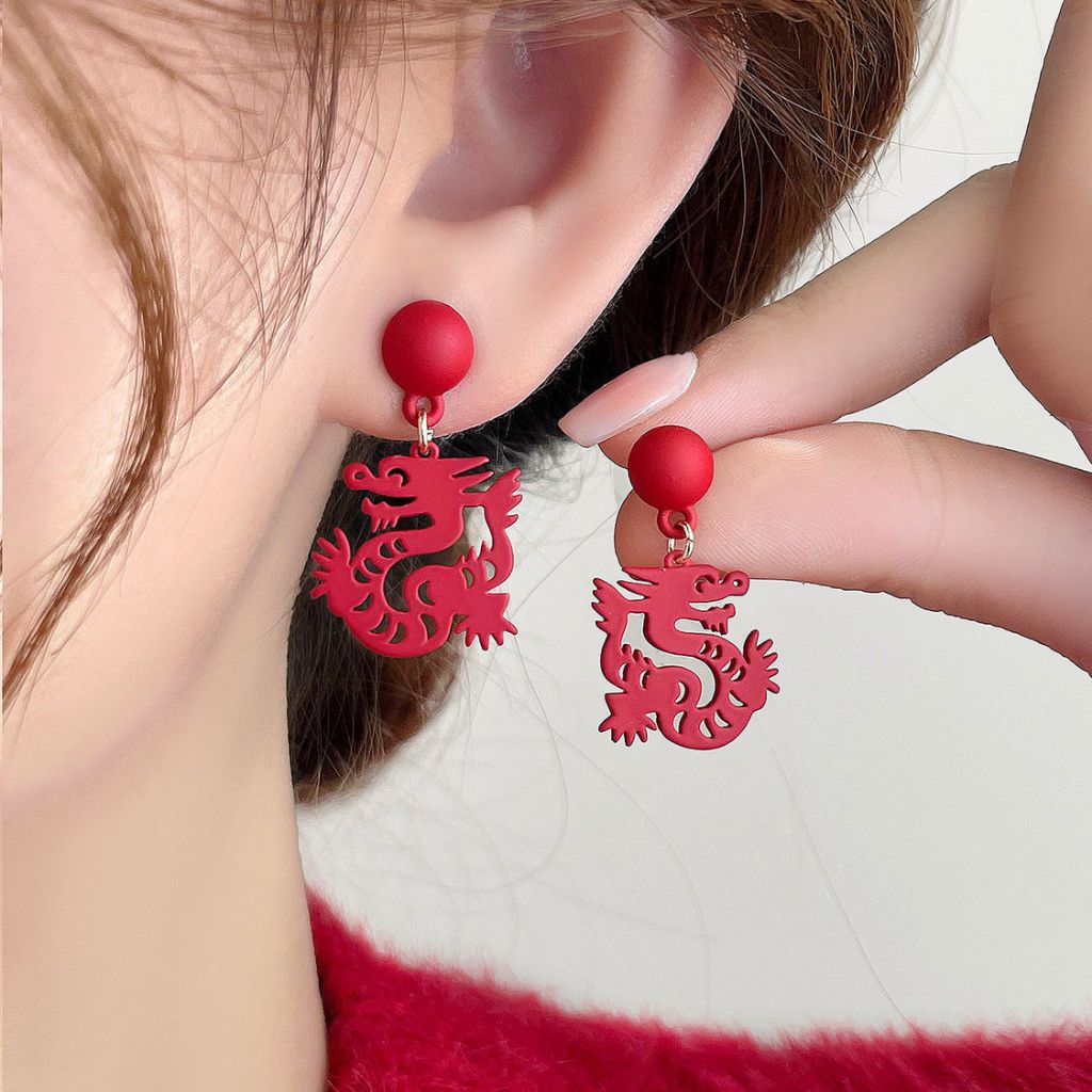 s925銀針剪紙龍年本命年耳環新款爆款紅色適合過年的耳釘女耳飾品