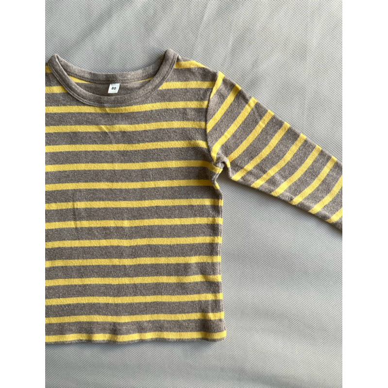 二手童衣童裝-男寶/女寶寶 無印良品Muji 摩卡咖黃線條 條紋長袖T恤上衣 #80cm