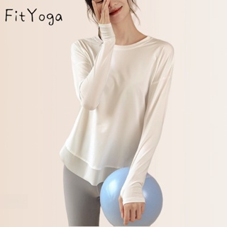 【臺北現貨】（P4）FitYoga 新款運動寬鬆長袖上衣女 速乾拼紗跑步罩衫歐美健身瑜伽服
