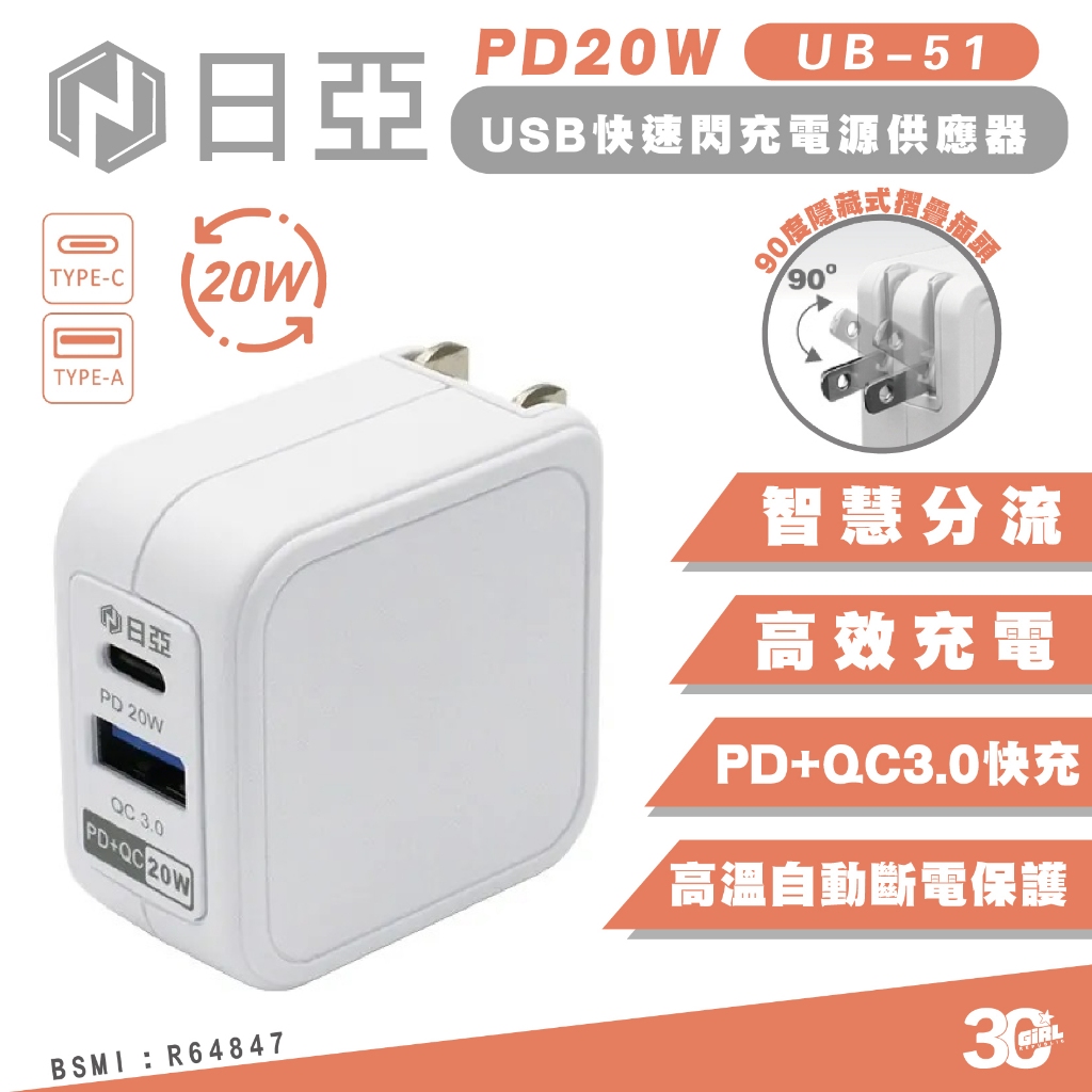 日亞 PD 20W USB 快充頭 電源供應器 充電器 充電頭 適用 iPhone 15 14 13