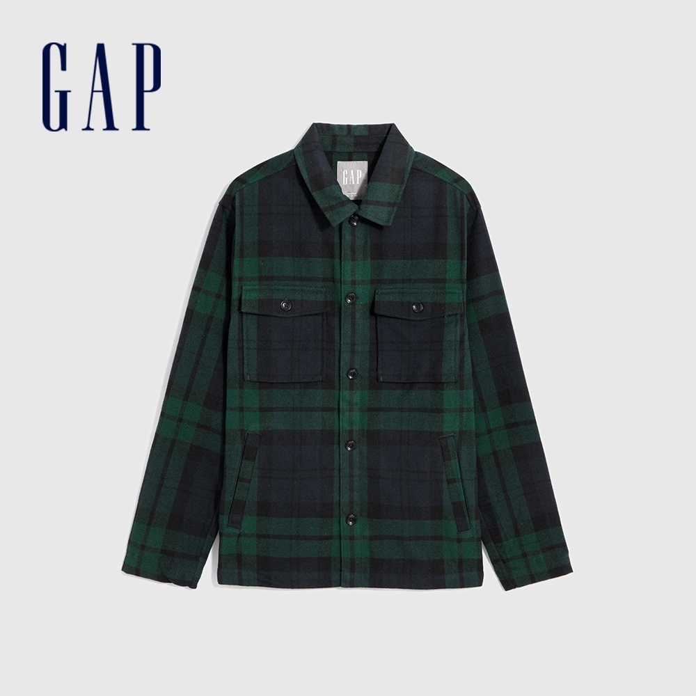 Gap 男裝 翻領長袖襯衫-藍綠格子(787683)