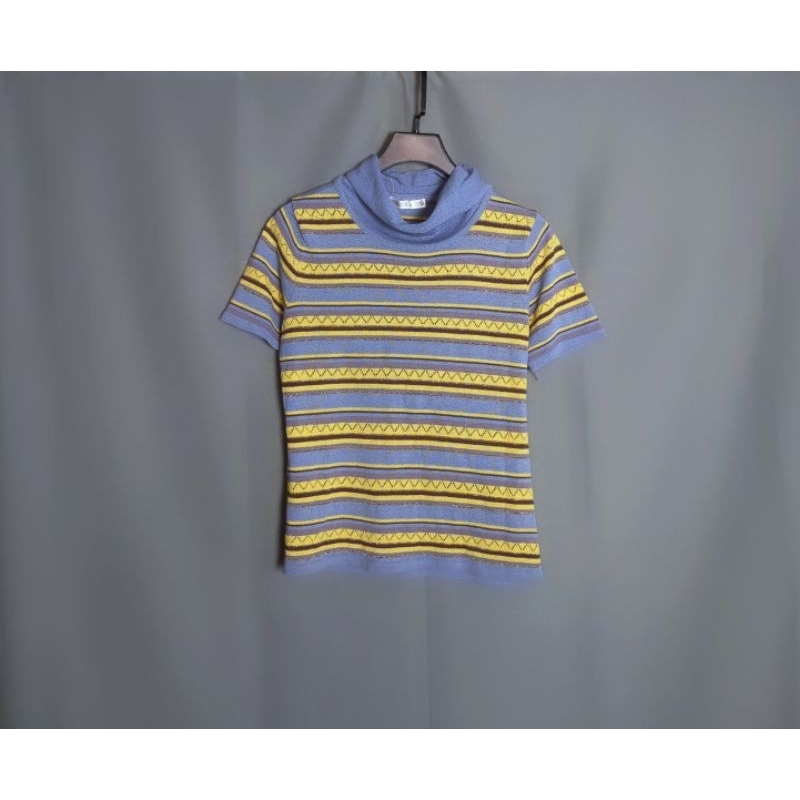 Joseph &amp; Tina藍色黃色線條短袖薄針織上衣 A1103【點點藏物】
