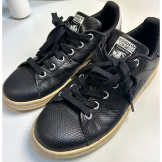 adidas 愛迪達 Stan smith 渲染花黑色皮紋皮革低筒綁帶鞋 23 步鞋 休閒 散步 走路 暈染 布鞋 運動