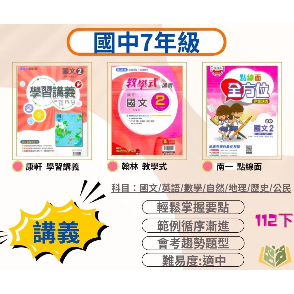 國中 7年級 講義 康軒 翰林 南一 學習講義 教學式 全方位 點線面 112下 國中1年級 國文 英語 數學 自然 地理 歷史 公民 附解答｜國中講義 生物 理化 地科 國一補習班 國一下 7下【大方書局參考書網路書局】