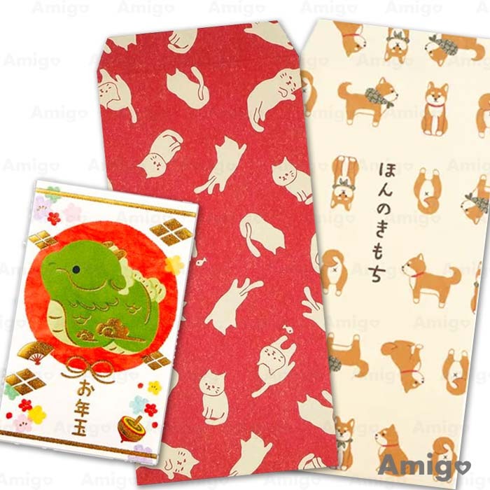 阿米購 日本製 日本 伊予和紙 紅包袋 紅包袋 信封袋 貓咪 富士山 柴犬 龍年 龍龍小款三折紅包袋