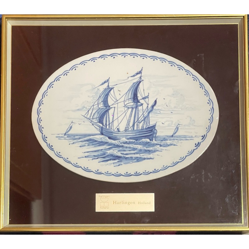 Delft 荷蘭 帆船 陶版畫 磁磚畫 Harlingen Holland 台夫特 代爾夫特 花磚 Delfts