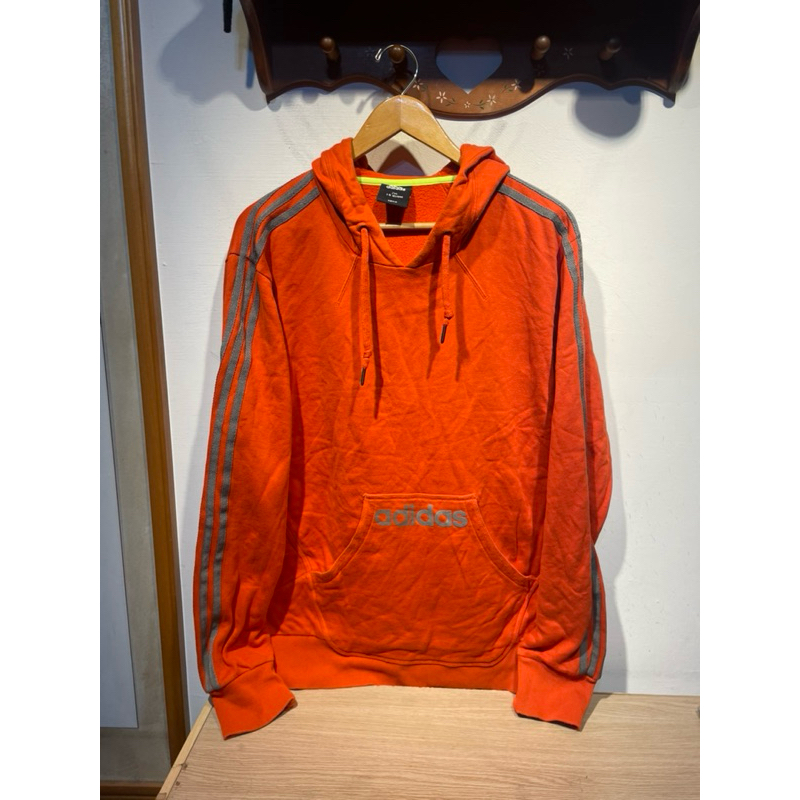 adidas 橘色 大尺寸 長袖 帽t 男 2XL碼