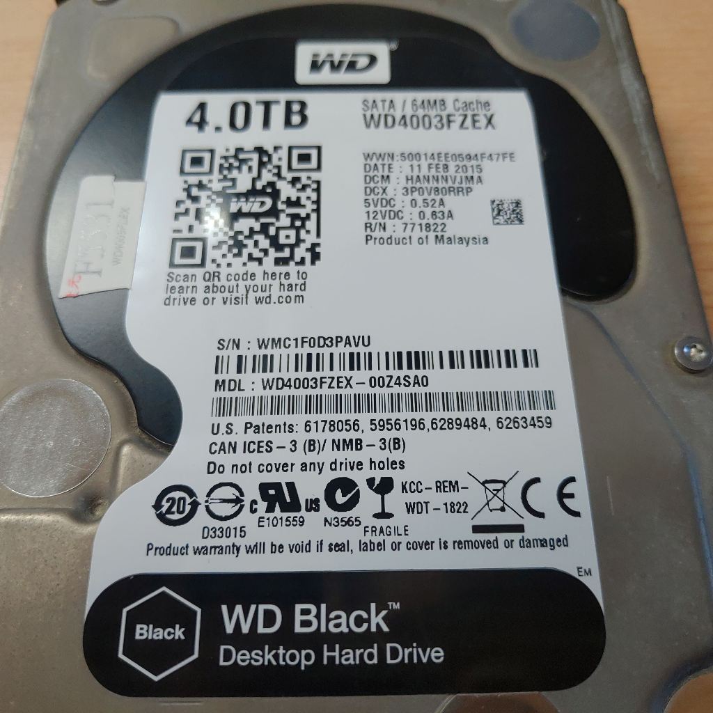 ✅電子發票 故障硬碟 有通電 抓的到裝置 硬碟磁區匯損 WD4003FZEX 黑標 4TB 3.5吋SATA硬碟