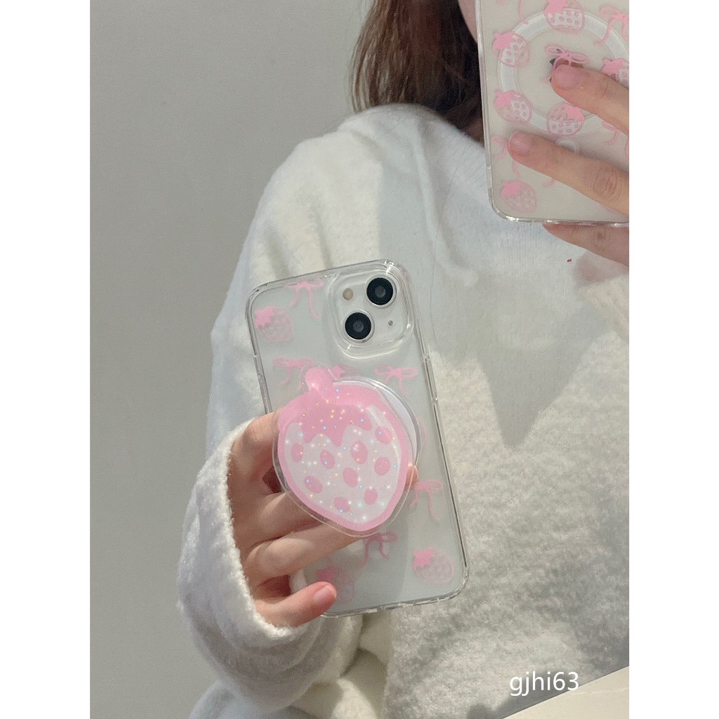 日韓卡通可愛粉紅草莓磁吸支架適用於蘋果iPhone15promax手機殼13新款iphone14女12/11滿螢幕水果軟
