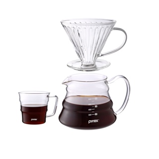 【康寧 Pyrex】 Café 咖啡玻璃壺 700ML+玻璃濾杯+咖啡玻璃杯 三入組