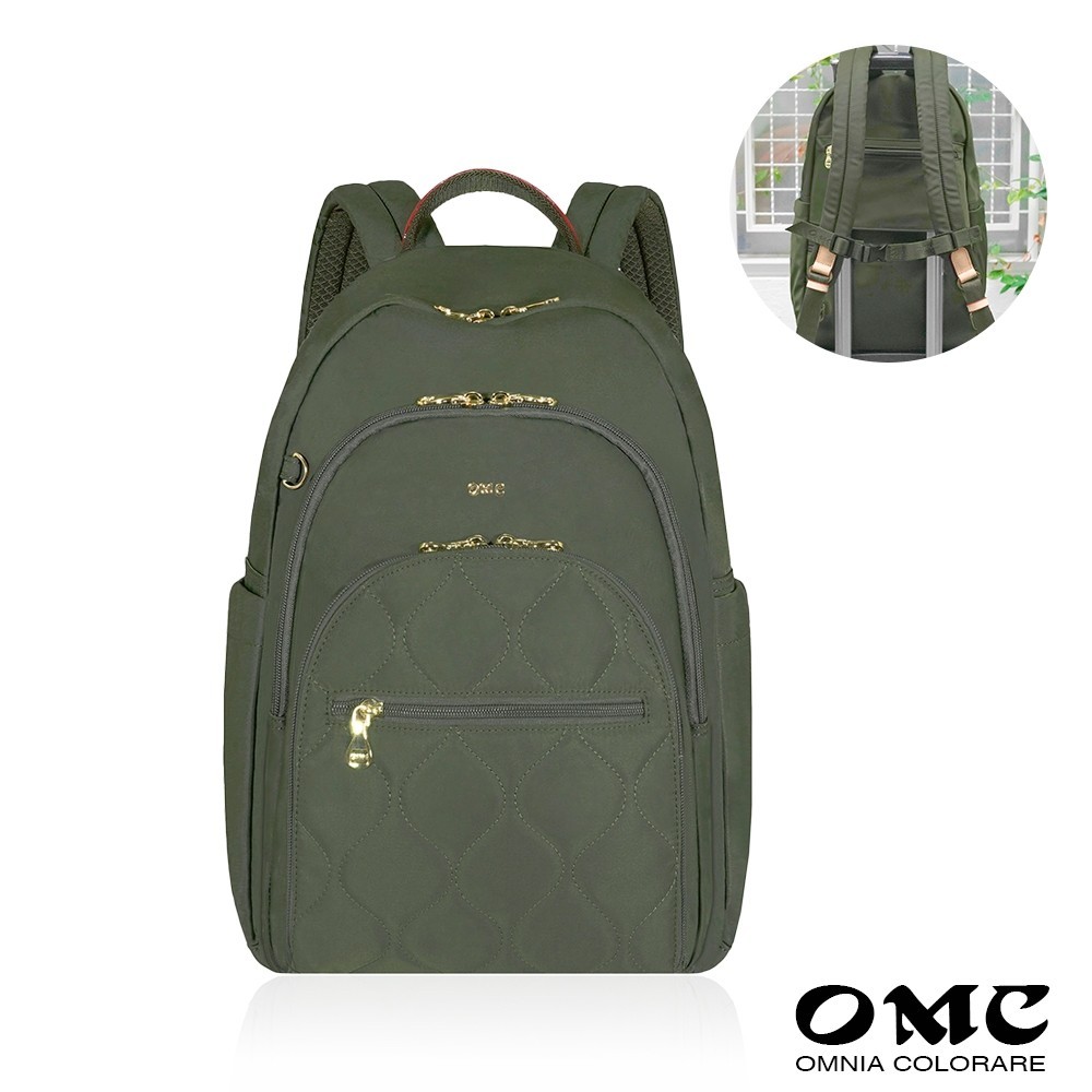 【OMC】菱格紋多功能大容量旅行休閒後背包(附防垂肩胸扣)(經典綠)