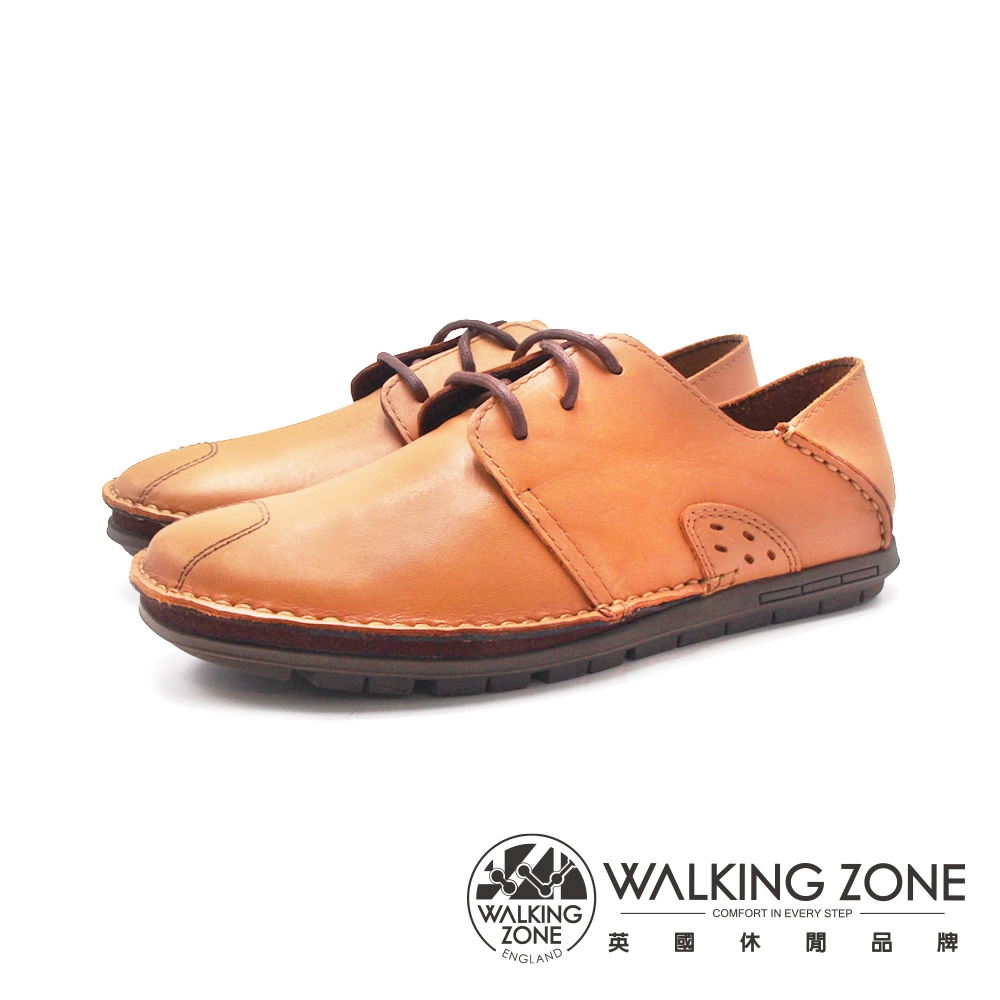 WALKING ZONE 真皮自然剪裁英倫皮革開車鞋綁帶 男鞋-咖啡色