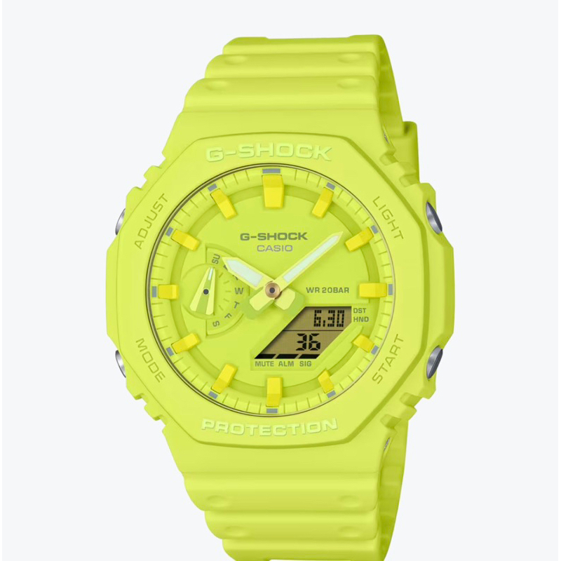 CASIO 卡西歐 G-SHOCK 單色美學 時尚雙顯腕錶-霓光黃 GA-2100-9A9 /45.4mm