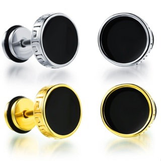 【E10003020】精緻個性圓形黑色長城圖紋鈦鋼插式耳環/耳飾