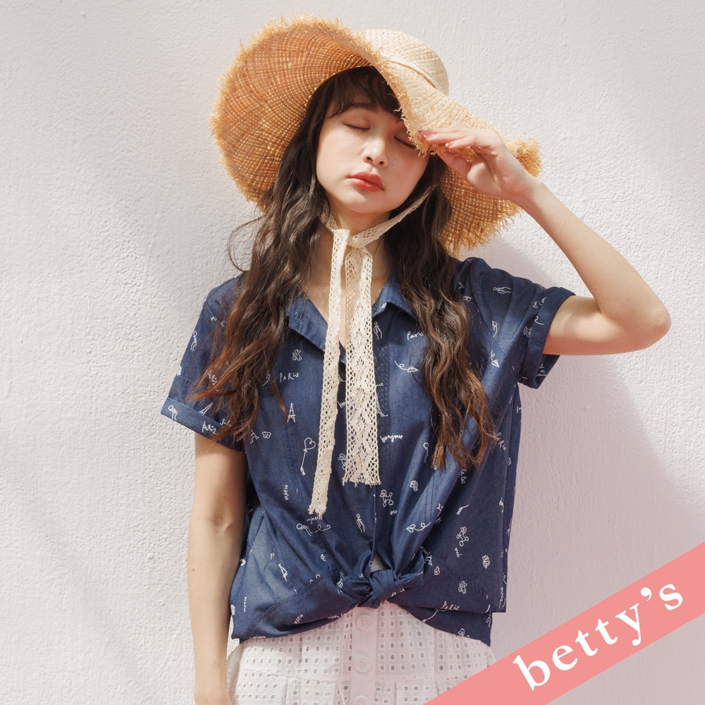 betty’s貝蒂思(31)童趣印花牛仔短袖襯衫(深藍)