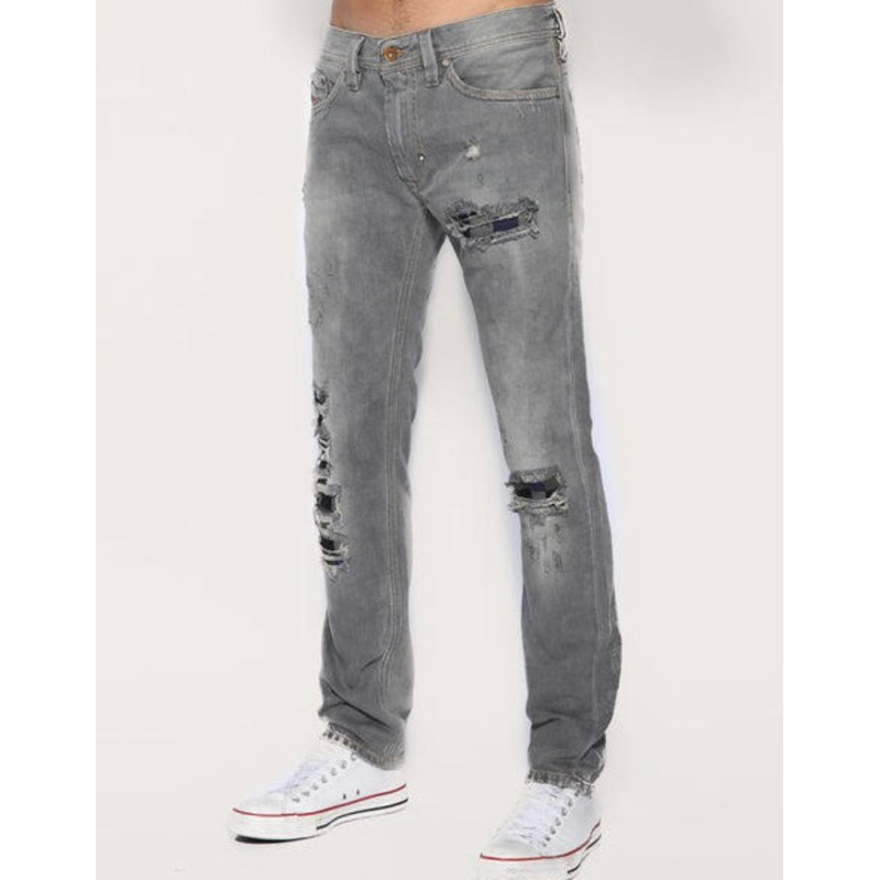 ［全新正品］DIESEL Thanaz 8S2 Skinny  灰色大量刷破刷白低腰小直筒牛仔褲