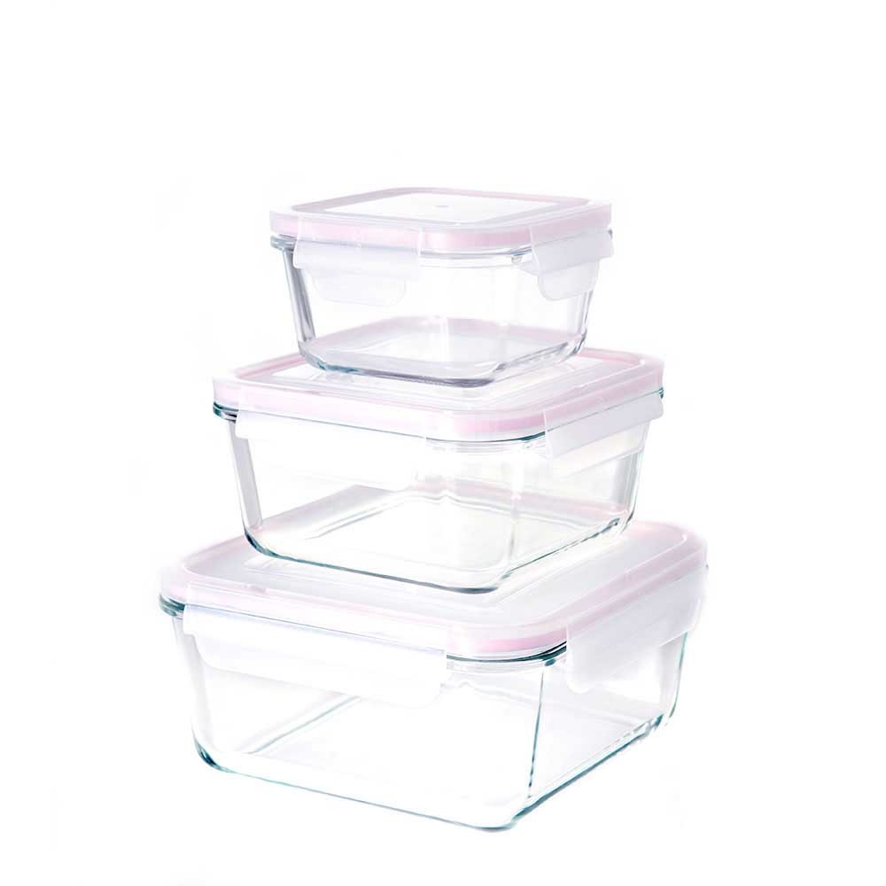 【MASIONS 美心】耐熱玻璃密封收納保鮮盒-(3件組 正方形)-瑰蜜粉