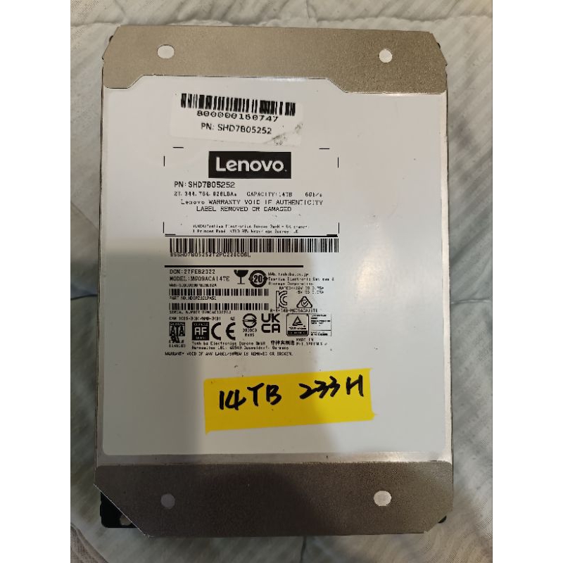 Toshiba 3.5吋 SATA 14TB (MG09ACA14TE)企業用 硬碟。