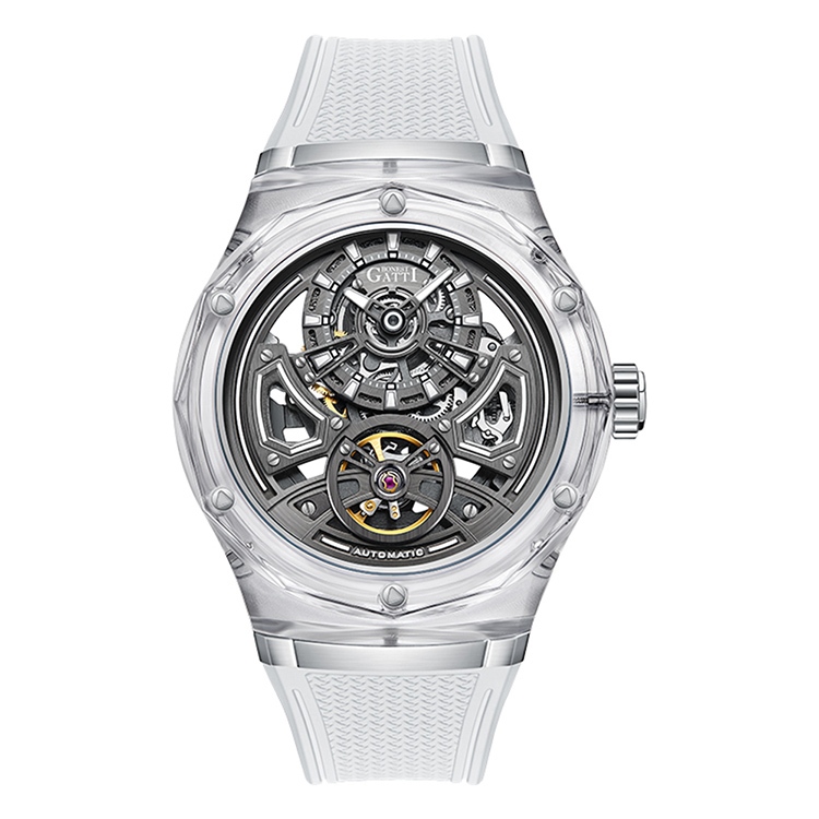 BONEST GATTI | 原廠授權布加迪 馳風競速白色系列 圓形鏤空設計造型 氟橡膠錶帶 自動上鍊機械腕錶