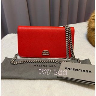 Balenciaga BB 粒面小牛皮紅色 鏈條包 皮夾 woc 斜揹包 601392 二手精品