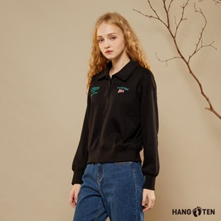 Hang Ten女裝-韓國同步款-內刷毛保暖POLO領印花短版大學T-黑