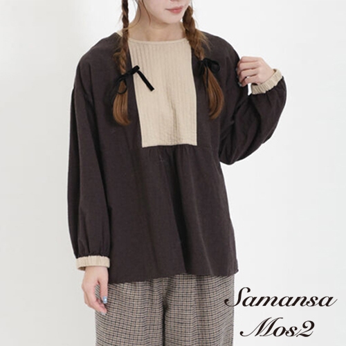 Samansa Mos2 棉麻壓褶撞色拼接設計長袖上衣(FL37L0A0880)