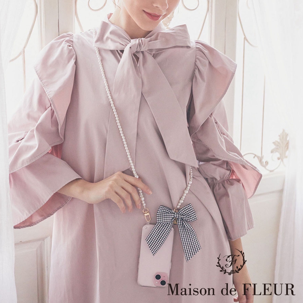 Maison de FLEUR 甜美格紋緞帶水鑽珍珠手機鍊(8A41FBJ1300)