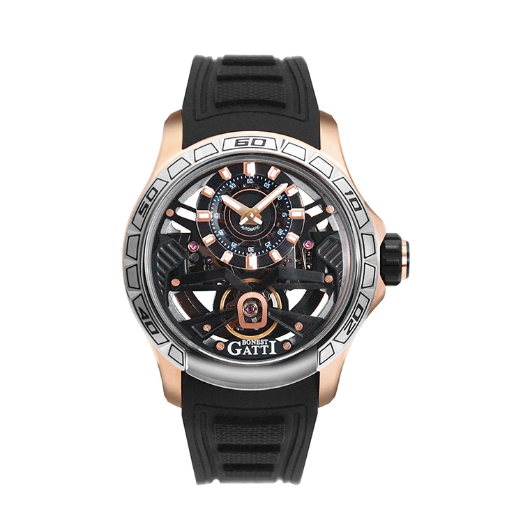 BONEST GATTI布加迪 黑金款 鏤空面盤 黑色氟橡膠錶帶 自動上鍊機械腕錶