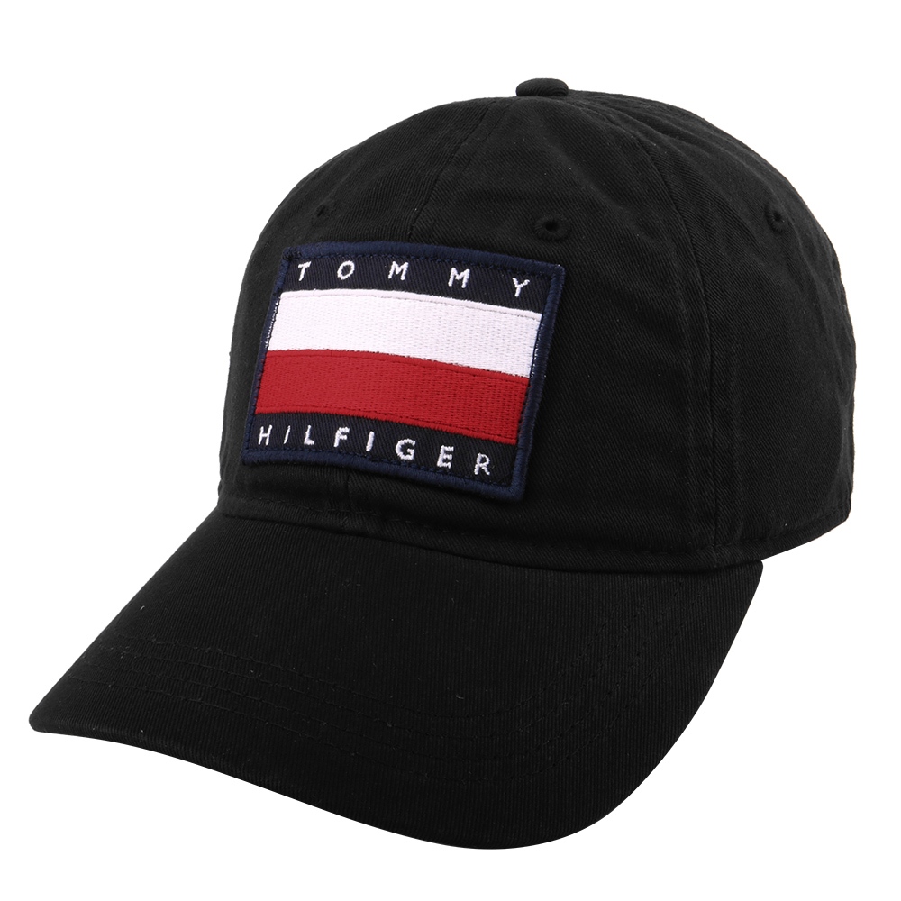 TOMMY HILFIGER-紅白繡線大旗標標誌棒球帽(素面黑)