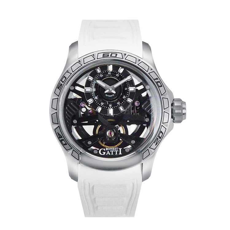 BONEST GATTI布加迪 圓形鏤空設計造型 白色氟橡膠錶帶 自動上鍊機械腕錶