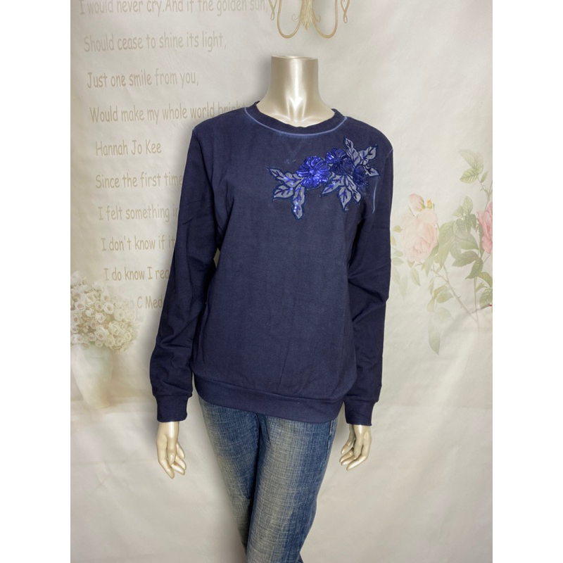 艾蜜莉精品時尚館-jn.joy比利時休閒服飾品牌-深藍色亮片花朵-圓領棉T#5
