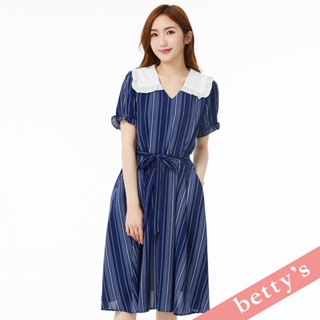 betty’s貝蒂思(31) 直條紋水手荷葉領鬆緊綁帶洋裝(深藍色)