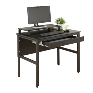 《DFhouse》頂楓90公分電腦辦公桌+一抽+桌上架 黑橡木色