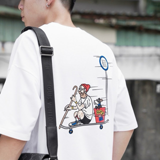 ［現貨］韓國 小重磅 可愛 卡通 刺青哥BUS 寬鬆 五分袖 短T 男生 圖案 時尚 休閒 棉T 粉藍