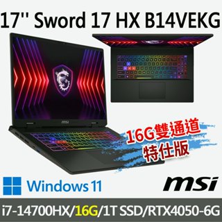 msi微星 Sword 17 HX B14VEKG-023TW 17吋 電競筆電-16G雙通道特仕版